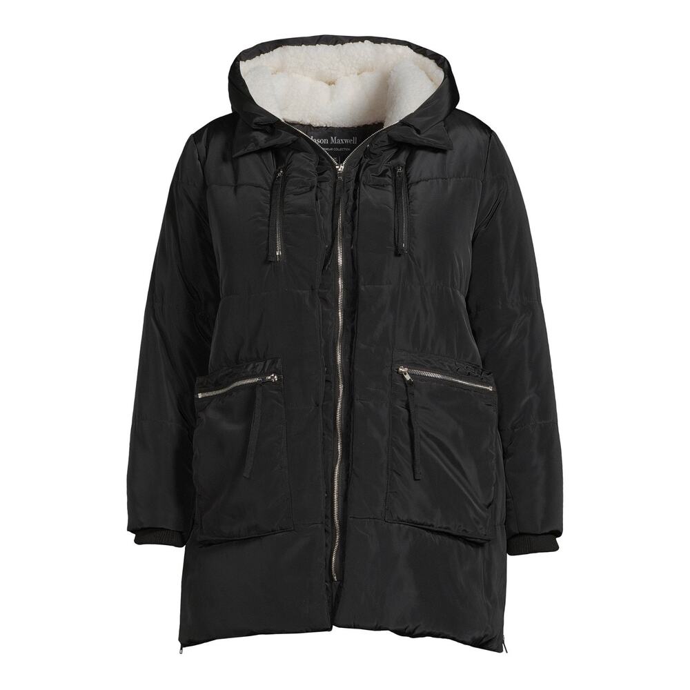 Jason Maxwell Womens Small Black Puffer Coat Faux Shearling Hood NWT